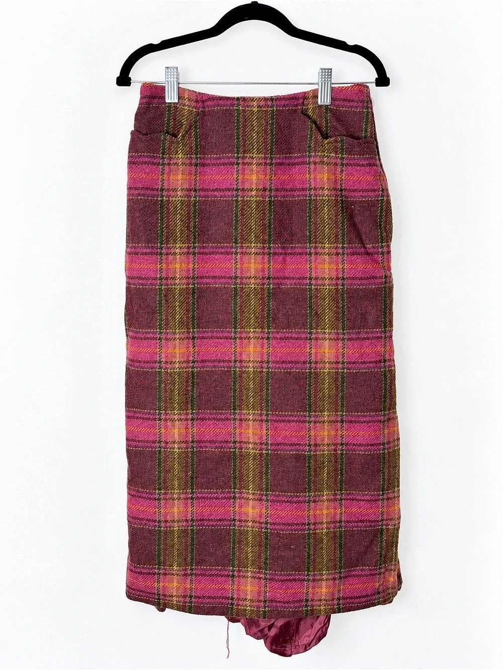 Sara Berman Pink Plaid Wool Pencil Skirt XS Made in England